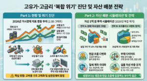 [고유가·고금리 '복합 위기' 진단 및 자산 배분 전략] 인포그래픽은 좌우 두 개의 패널로 구성되어 있습니다. 왼쪽 패널은 'Part 1: 현황 및 위기 진단'으로, 2026년 기준 배럴당 $100 이상의 국제 유가와 실질 금리 플러스 구간 진입이라는 거시경제 데이터를 제시합니다. 이로 인해 수입 물가 상승, CPI 상승, 긴축 통화 정책, 금리 인상의 악순환이 발생하며, 상장사 영업이익률 감소와 주식 시장 변동성 확대라는 위기 상황을 진단합니다. 오른쪽 패널은 'Part 2: 자산 배분 시뮬레이션 및 전략'으로, 자산 1억 원 기준의 시뮬레이션 결과를 보여줍니다. 원화 집중 투자 시 약 15% 가치 훼손 위험이 있는 반면, 달러 자산 30%, 원자재/TIPS 20% 등 포트폴리오 다변화 시 손실을 5% 이내로 방어할 수 있음을 제시합니다. 구체적인 실행 전략으로 현금 흐름 다변화, 부채 축소, 절세 계좌 활용, 실물 자산 비중 10~15% 유지를 제안합니다.