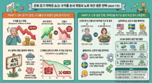 [은퇴 초기 하락장 쇼크: '수익률 순서 위험'과 노후 자산 생존 시나리오]

(왼쪽 패널 요약) 은퇴 직후 1~3년의 시장 하락은 '수익률 순서 위험'을 발생시켜, 하락한 원금에서 생활비를 인출하게 만듦으로써 노후 자산을 기하급수적으로 고갈시킵니다(역복리 효과). 2026년 저성장/고물가 환경에서 고정된 4% 법칙은 자산 회복 탄력성을 상실케 하는 맹점이 있으며, 초기 하락 시 자산은 시나리오 대비 10년 이상 빠르게 고갈될 수 있습니다.

(오른쪽 패널 요약) 하락장 대응 시나리오 비교 결과, 전통적 4% 법칙 고수자(A)는 자산이 빠르게 소실되나, 현금 완충 바구니 전략을 사용한 자(B)는 하락기에 주식을 매도하지 않아 시장 회복기에 자산을 복구했습니다. 글로벌 선진국은 실시간 인출 비율 재계산(VPW)과 즉시연금(SPIA)을 활용합니다. 2026년 은퇴자는 3층 바구니 전략(현금/채권/주식 분리), 가드레일 인출 전략(시장 하락 시 지출 삭감), 인컴형 자산(배당주/리츠) 확대를 통해 노후 자산을 지켜야 합니다.