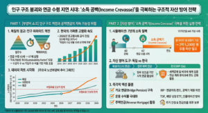 [왼쪽 패널 핵심 요약] 인구 구조 역전으로 인한 공적연금 지속 가능성 위협을 분석합니다. 독일은 인구 피라미드 역전과 노년부양비 상승으로 연금 나이를 67세로 상향하고 지속가능성 계수를 도입했습니다. 한국은 2026년 초고령사회 진입이 예측되며 독일보다 빠른 고령화 속도로 인해 은퇴 빈곤 위험이 높습니다. 주요국 부양비 추이 그래프를 통해 한국의 가파른 상승세를 경고합니다.

[오른쪽 패널 핵심 요약] 연금 수령 지연에 따른 소득 공백기 극복 전략을 제시합니다. 60세 은퇴 후 67세 연금 수령 시 약 7년의 소득 공백과 2억 5,200만 원의 필요 자산을 시뮬레이션으로 보여줍니다. 한국형 절세 계좌인 IRP, ISA를 활용한 세제 혜택 극대화 전략을 독일의 리스터 연금과 비교 설명합니다. 가교 연금 구축, 운용 수익률 극대화(TDF, ETF), 주택연금 활용 등 즉각적인 3대 자산 방어 액션 플랜을 제안합니다.