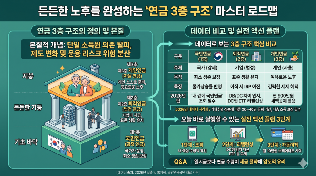 이 인포그래픽은 연금 3층 구조의 정의와 2026년 기준 핵심 데이터를 단일 통합 패널로 보여줍니다. 상단 중앙에는 '위험 분산'을 본질로 하는 3층 보장 체계(국민연금: 기초 바닥, 퇴직연금: 든든한 기둥, 개인연금: 풍요로운 지붕)의 비유와 개념도를 배치했습니다. 하단에는 '데이터로 보는 3층 구조 핵심 비교' 표(구분, 주체, 목적, 특징, 2026년 팁)와 '2026년 실전 액션 플랜 3단계'(1. 조회, 2. 리밸런싱, 3. 자동이체)를 시각화하여, 사용자가 자신의 노후 준비 상태를 점검하고 즉시 실행할 수 있도록 안내합니다.