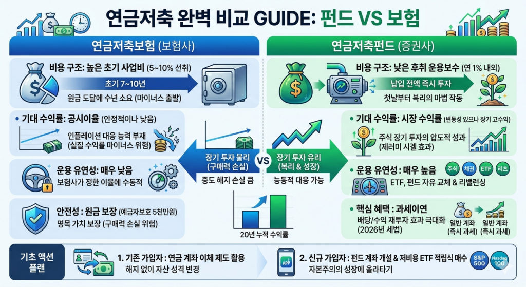 20년 동안 매월 일정 금액을 납입했을 때, 초기 사업비로 인해 마이너스에서 시작하여 서서히 완만하게 상승하는 연금저축보험의 수익률 곡선과, 첫날부터 원금 전액이 투자되어 초기에는 변동성이 있지만 시간이 지날수록 복리 효과로 인해 기하급수적으로 상승하여 보험과 큰 격차를 벌리는 연금저축펀드의 수익률 곡선을 비교하여 보여주는 꺾은선 그래프입니다.