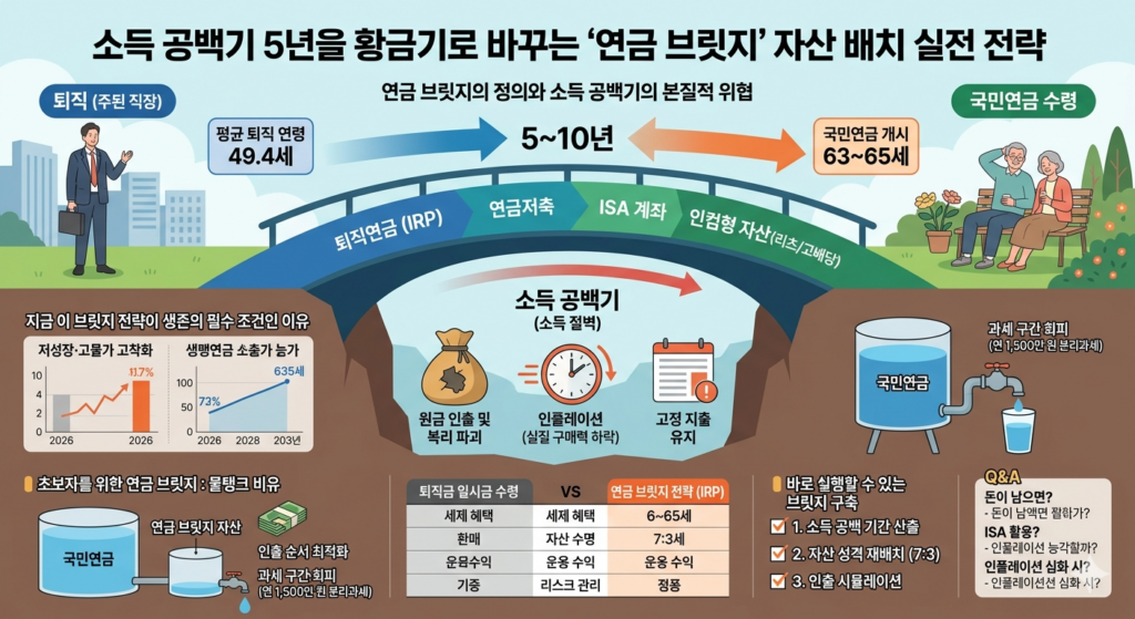 상단에는 다리(Bridge) 형태의 구조물이 '퇴직 (주된 직장)'에서 '국민연금 수령'까지 5~10년의 기간을 연결합니다. 다리 아래는 깊은 골짜기로 '소득 공백기 (소득 절벽)'가 묘사되어 있습니다.
2. 연금 브릿지 세부 자산:
다리를 구성하는 자산으로 '퇴직연금 (IRP)', '연금저축', 'ISA 계좌', '인컴형 자산 (리츠/고배당)'이 차례로 배치되어 있습니다.
3. 소득 공백기 위협:
다리 아래 골짜기에는 소득 절벽의 3대 위협인 '원금 인출 및 복리 파괴', '인플레이션 (실질 구매력 하락)', '고정 지출 유지'가 아이콘과 함께 표시됩니다.