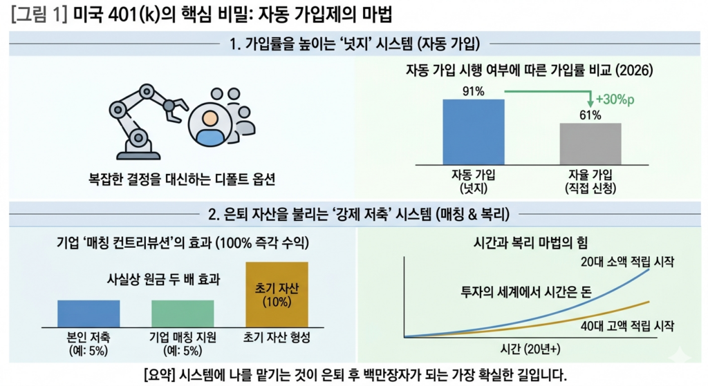 은퇴 백만장자를 만드는 '시스템 넛지' 처음부터 가입하게 만듦으로써 어려운 것을 미루는 심리를 역 이용해야 한다는 내용