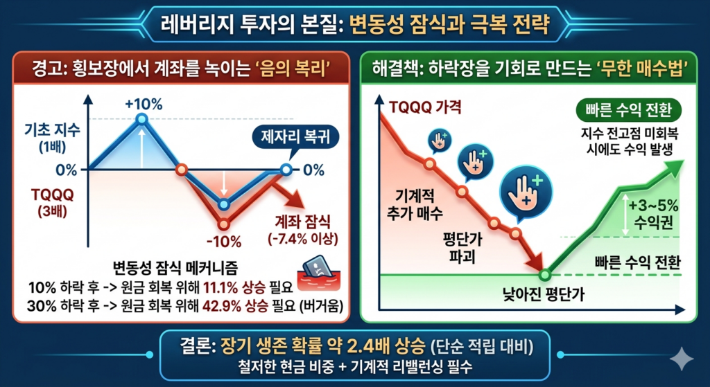 TQQQ 레버리지 투자의 핵심 원리와 전략을 비교한 인포그래픽이다.

이미지는 크게 상단 타이틀과 두 개의 대비되는 세로 열, 그리고 하단 결론 배너로 구성되어 있다.

상단 타이틀: "레버리지 투자의 본질: 변동성 잠식과 극복 전략"

왼쪽 열 (붉은색 톤): 제목 "경고: 횡보장에서 계좌를 녹이는 '음의 복리'". '기초 지수 (1배)'가 상승 및 하락 후 원점으로 복귀하는 동안, 'TQQQ (3배)'는 동일한 움직임을 3배로 증폭하여 따르지만 최종적으로는 원점보다 낮은 지점으로 하락해 "계좌 잠식 (-7.4% 이상)"이 발생하는 과정을 꺾은선 그래프로 보여준다. 하단에는 "10% 하락 후 11.1% 상승 필요", "30% 하락 후 42.9% 상승 필요"라는 문구와 함께 원금 회복에 필요한 복리 구조의 차이를 설명한다.

오른쪽 열 (녹색 톤): 제목 "해결책: 하락장을 기회로 만드는 '무한 매수법'". TQQQ 가격이 하락하는 구간에서 기계적으로 추가 매수를 진행하여 "낮아진 평단가"를 확보하는 과정을 보여준다. 가격이 평단가보다 낮을 때 매수 수량이 늘어남을 시각적으로 강조하며, 가격이 살짝 반등했을 때 낮아진 평단가 덕분에 "지수 전고점 미회복 시에도 수익 발생"하며 빠른 "수익 전환 (+3~5% 수익권)"이 일어나는 메커니즘을 설명한다.

하단 결론 배너: "결론: 장기 생존 확률 약 2.4배 상승 (단순 적립 대비)"과 "철저한 현금 비중 + 기계적 리밸런싱 필수"라는 메시지를 전달한다.