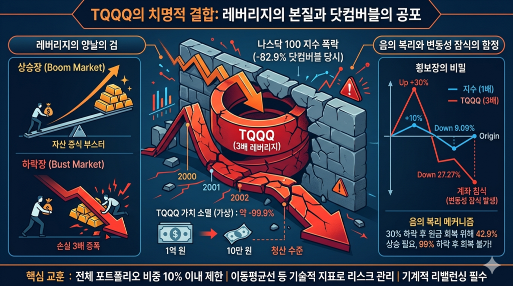 TQQQ 레버리지 투자의 위험성을 닷컴버블 역사적 데이터와 수학적 원리로 설명하는 인포그래픽이다.
전체 구조: 상단 타이틀 "TQQQ의 치명적 결합: 레버리지의 본질과 닷컴버블의 공포" 아래, 세 부분으로 나뉜다.
중앙 (핵심): 거대한 파괴되는 붉은색 나선형 화살표가 "TQQQ (3배 레버리지)"를 상징하며 위에서 내려오는 나스닥 지수 폭락 압력에 짓눌려 완전히 파손된다. "2000-2002 닷컴버블" 구간 동안 "TQQQ 가치 소멸 (가상): 약 -99.9%"를 명시하며, 1억 원 아이콘이 고작 10만 원 지폐 조각으로 줄어드는 시각적 대비를 보여준다. 옆에 "청산 수준"이라고 명시된다.
왼쪽 (원리): "레버리지의 양날의 검"을 두 가지 시나리오로 비교한다. "상승장"에서는 지렛대가 적은 자본으로 큰 자산을 빠르게 들어 올리는 "자산 증식 부스터"로 묘사되지만, "하락장"에서는 동일한 자산이 투자자를 덮쳐 "손실 3배 증폭"이 일어나는 과정을 보여준다.
오른쪽 (함정): "음의 복리와 변동성 잠식의 함정"을 설명한다. 차트 예시 "횡보장의 비밀"에서는 기초 지수가 하루 +10%, 다음 날 -9.09%로 움직여 원점으로 복귀하는 동안, TQQQ는 +30%, -27.27%로 움직여 원점보다 훨씬 낮은 지점에서 끝나며 "계좌 침식 (변동성 잠식 발생)"이 일어남을 보여준다. 하단에는 "30% 하락 후 42.9% 상승 필요" 및 "99% 하락 후 회복 불가!"라는 문구로 음의 복리 메커니즘의 무서움을 강조한다.