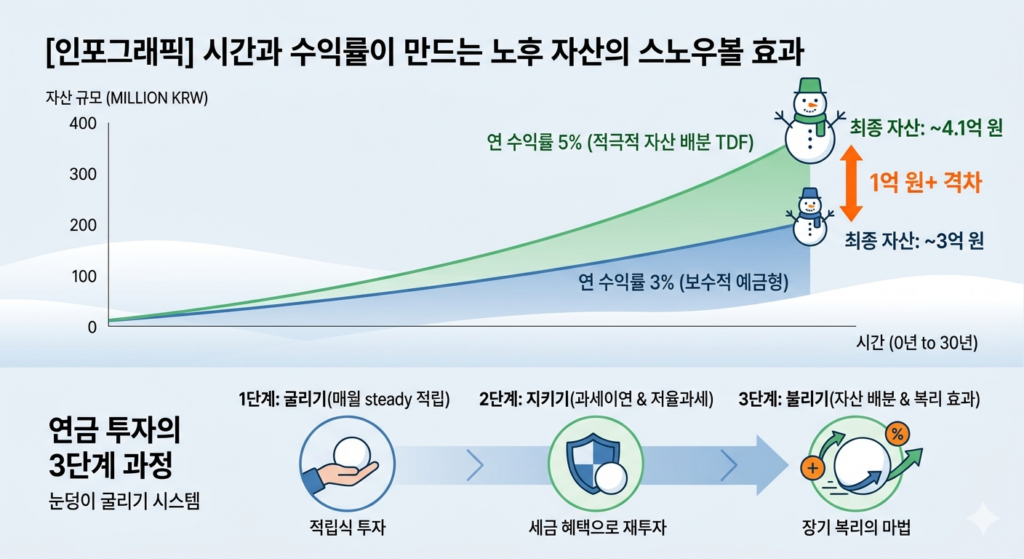 이 인포그래픽은 장기 투자 시 수익률 차이가 가져오는 압도적인 자산 격차와 연금 투자의 핵심 원리를 시뮬레이션으로 보여줍니다.

그래프 부문은 '매월 50만 원씩 30년간 적립'했을 때를 가정합니다. 연 수익률 3%(보수적 투자)일 때는 눈사람이 작지만, 연 수익률 5%(적극적 자산 배분)일 때는 눈사람이 거대해지며 최종 자산 격차가 1억 원 이상 벌어짐을 기하급수적 곡선으로 시각화했습니다.

하단에는 연금 투자의 3단계 과정이 '눈덩이 굴리기' 아이콘으로 표현되어 있습니다. 1단계 '굴리기(원금 적립)', 2단계 '지키고(과세이연 및 절세)', 3단계 '불리는(복리 효과 및 자산 배분)' 과정을 거쳐 작은 눈뭉치가 거대한 자산으로 성장하는 원리를 직관적으로 설명합니다.