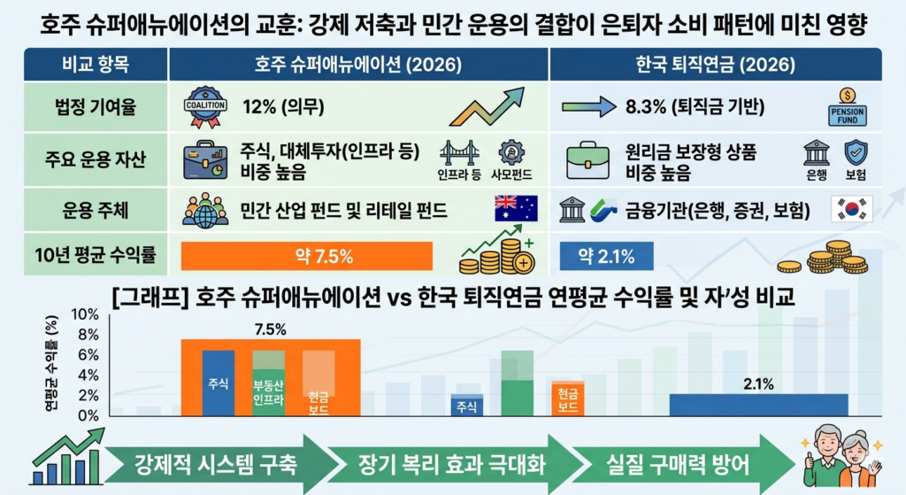 이 인포그래픽은 2026년 기준 호주 슈퍼애뉴에이션과 한국 퇴직연금 제도를 4가지 핵심 지표로 상세하게 비교합니다.

첫 번째 '법정 기여율'은 호주가 12%로 의무화되어 있어 한국의 8.3%보다 월등히 높습니다.
두 번째 '주요 운용 자산'은 호주가 주식과 인프라 등 대체투자 비중이 높은 반면, 한국은 원리금 보장형 상품에 치중되어 있습니다.
세 번째 '운용 주체'는 호주가 민간 산업 및 리테일 펀드 중심이고, 한국은 은행, 증권, 보험 등 금융기관 중심입니다.
네 번째 '10년 평균 수익률'은 호주가 약 7.5%로, 한국의 약 2.1%보다 3.5배 이상 높습니다.

하단의 하이라이트 그래프는 이 압도적인 '연평균 수익률 및 자산 구성 격차'를 시각화하여, 주식과 부동산/인프라 비중이 높은 호주가 현금성 자산 비중이 높은 한국보다 수익률이 월등함을 보여줍니다.

마지막으로 하단 화살표는 '강제적 시스템 구축 -> 장기 복리 효과 극대화 -> 실질 구매력 방어'라는 호주 모델의 성공 방정식을 설명하며, 행복한 은퇴 부부의 모습을 통해 연금 운용 방식이 노후 삶의 질을 결정함을 시사합니다.