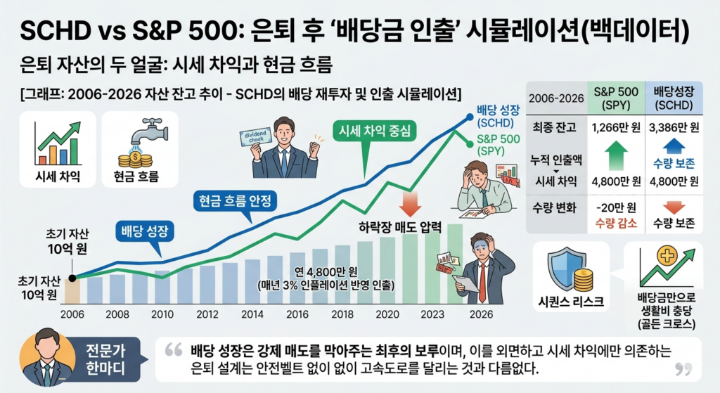 2006~2026년 은퇴 자산 10억 인출 시뮬레이션: 물가 상승을 반영해 매월 인출 시, SCHD(파란선)가 S&P 500(초록선)보다 하락장 매도 압력을 잘 버티며 '배당 충당'으로 4.3억 더 높은 최종 잔고를 기록했습니다.