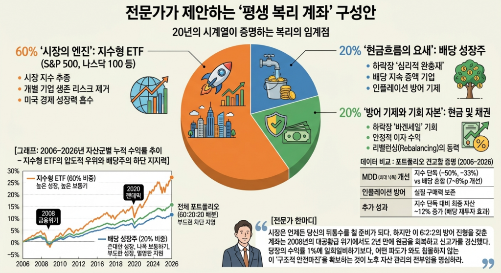 2006~2026년 백데이터 기반 전문가 제안 포트폴리오: 지수형 ETF 60%, 배당성장주 20%, 현금·채권 20% 배분으로 하락장 방어와 복리 효과를 극대화해 지수 단독 대비 안정적 고수익을 증명합니다.