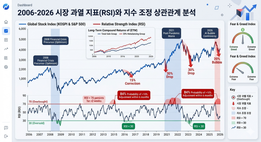 본문에서 언급된 "RSI 70 상회 구간 지속 시 6개월 내 조정 확률 84%"라는 데이터를 시각화한 차트입니다. 2006년부터 2026년까지의 가상의 시장 흐름 속에 위험 신호와 실제 조정이 어떻게 맞물리는지를 직관적으로 보여줍니다.