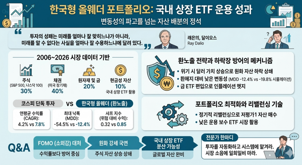 2006년부터 2026년까지의 시장 데이터를 기반으로 시뮬레이션한 '한국형 올웨더 포트폴리오'의 자산 배분(주식 30%, 채권 40%, 원자재/금 20%, 현금 10%)과 코스피 대비 우수한 운용 성과(연평균 7.8% 수익, -12.4% MDD), 그리고 환노출 및 리밸런싱 등 핵심 운용 전략을 설명하는 종합 인포그래픽입니다.