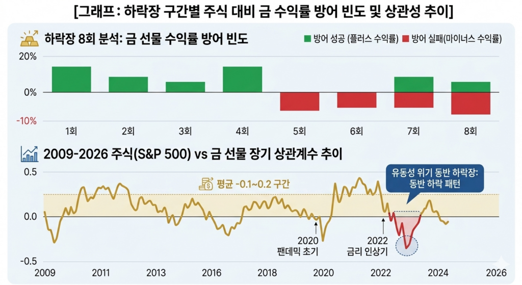 2009년부터 2026년까지의 장기 시계열 데이터를 기반으로 한 두 가지 차트입니다. 상단 바 차트는 S&P 500 및 코스피 지수가 10% 이상 급락했던 8번의 주요 하락장 구간을 분석합니다. 이 중 2020년 팬데믹 초기, 2022년 금리 인상기, 2026년 지정학적 리스크 등을 포함하여, 금 선물 수익률이 플러스로 방어에 성공한 경우가 5번임을 시각적으로 보여줍니다.
