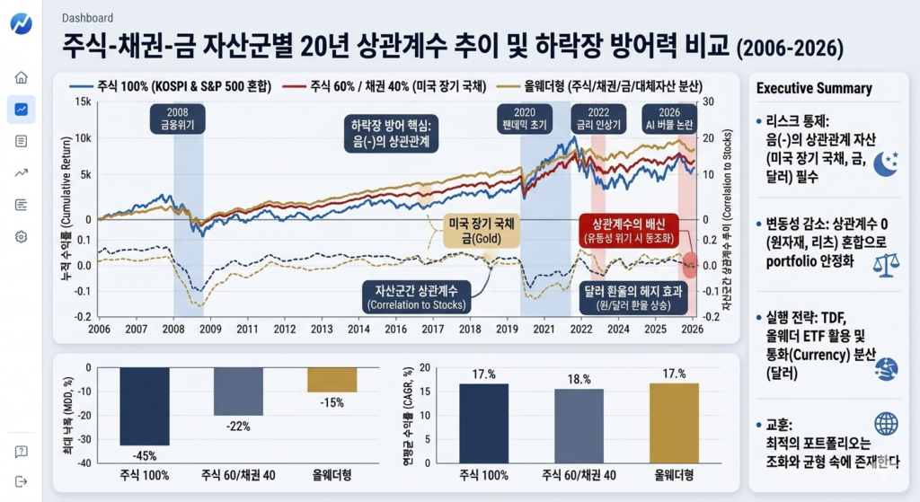 2006년부터 2026년까지 주식 100%, 주식 60% 대 채권 40%, 그리고 주식, 채권, 금, 대체자산에 분산 투자하는 올웨더형 포트폴리오의 누적 수익률, 상관계수, 최대 낙폭(MDD), 연평균 수익률(CAGR)을 비교 분석한 대시보드 인포그래픽입니다.