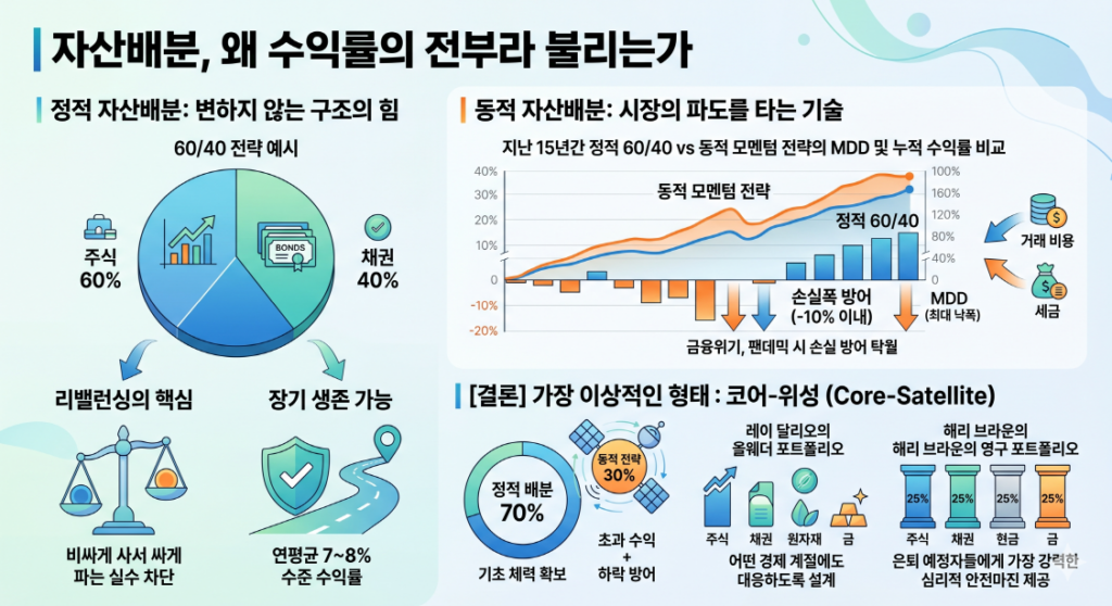 "자산배분 전략을 비교 분석한 인포그래픽입니다. 상단에는 정적 자산배분(60/40 전략, 리밸런싱, 장기 생존)과 동적 자산배분(모멘텀 전략, MDD 비교 그래프, 거래 비용 및 세금 고려)의 특징을 비교하고 있습니다. 하단에는 두 전략을 혼합한 '코어-위성(Core-Satellite)' 모델을 결론으로 제시하며, 레이 달리오의 올웨더 포트폴리오(주식, 채권, 원자재, 금)와 해리 브라운의 영구 포트폴리오(각 25%) 예시를 보여줍니다."