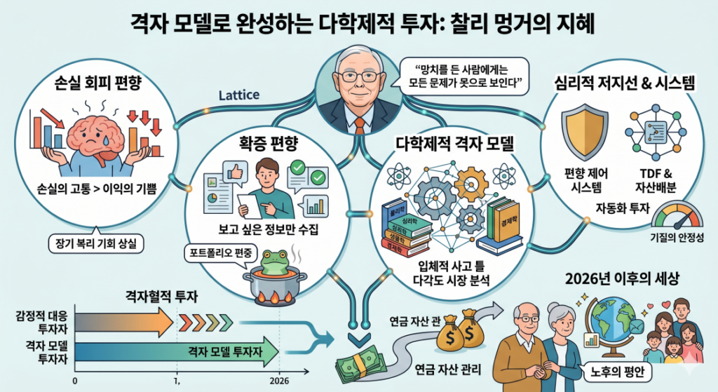 찰리 멍거의 '망치를 든 사람' 격언에서 영감을 받은 다학제적 격자 모델 투자 인포그래픽. '손실 회피 편향'과 '확증 편향'이 가져오는 심리적 문제점과, 수학, 심리학, 생물학, 경영학, 물리학 등 다양한 학문의 원리를 융합한 '다학제적 격자 모델' 투자 방식의 차이를 직관적으로 설명합니다. 하단에는 격자 모델 투자가 '연금 자산 관리'와 '노후의 평안'으로 이어지는 과정을 보여주는 비교 그래프와 일러스트가 포함되어 있습니다.
