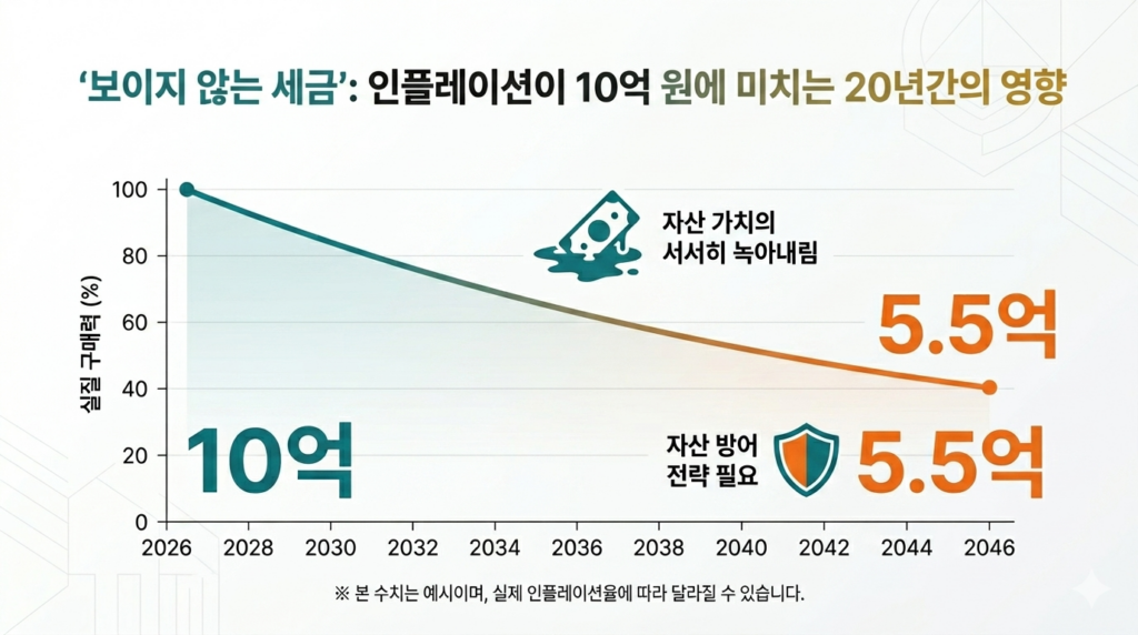 이 인포그래픽은 2026년부터 2046년까지 20년 동안 인플레이션이 화폐 가치에 미치는 영향을 설명하는 꺾은선 그래프입니다. 배경은 기하학적 무늬가 있는 연한 회색이며, 전체적으로 깔끔하고 전문적인 디자인입니다.