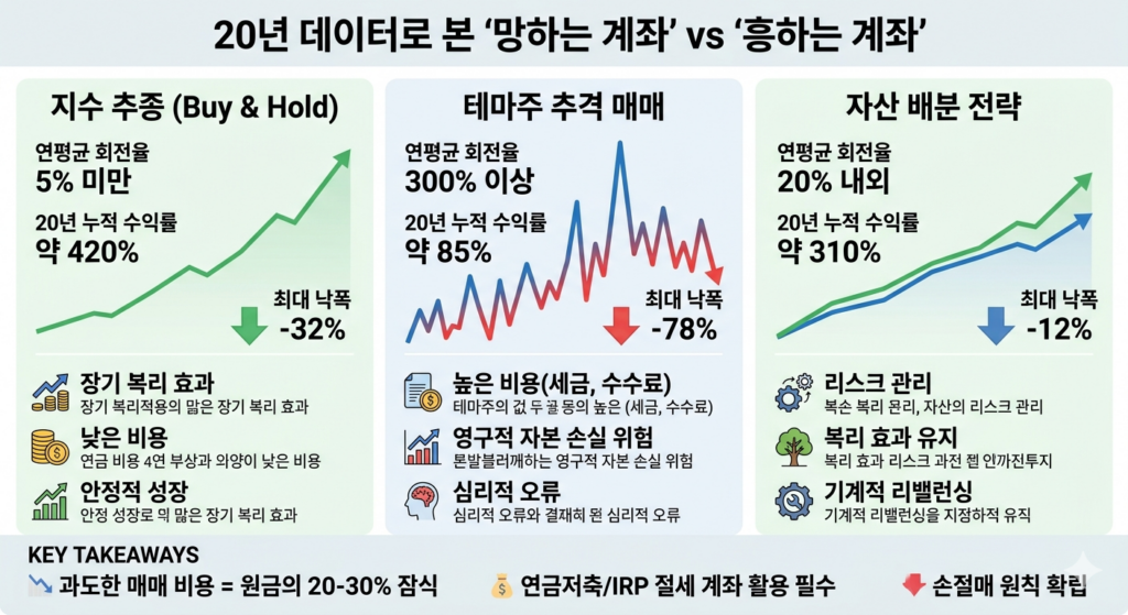 세 가지 투자 유형(지수 추종, 테마주 추격 매매, 자산 배분)의 20년 누적 수익률, 연평균 회전율, 최대 낙폭(MDD)을 비교하는 바 차트와 선 그래프가 포함된 인포그래픽. 지수 추종은 약 420% 수익률에 -32% 낙폭, 테마주 추격은 약 85% 수익률에 -78% 낙폭, 자산 배분은 약 310% 수익률에 -12% 낙폭을 보여주며, 하단에 거래 비용 잠식과 절세 계좌 활용의 중요성을 강조하는 아이콘이 있다.