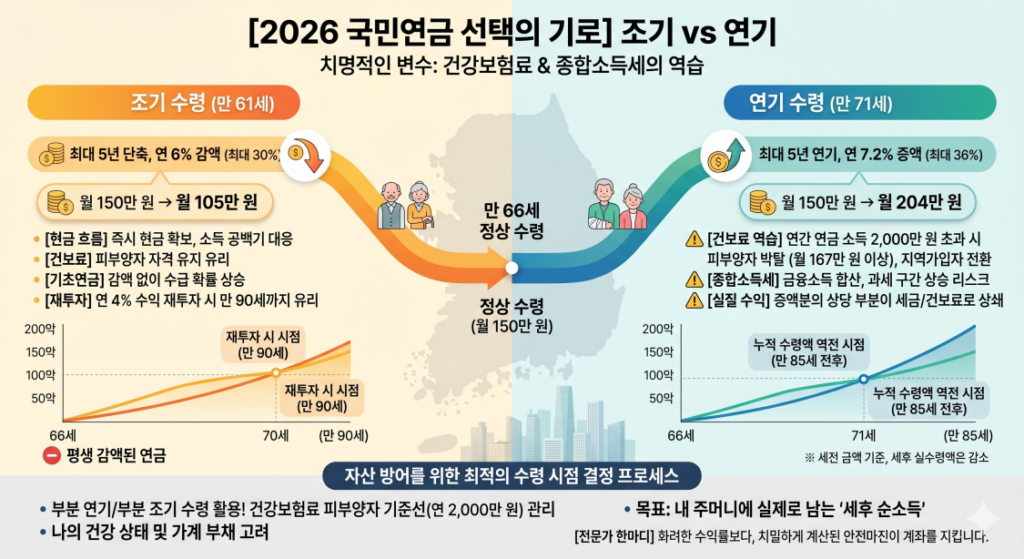 이 인포그래픽은 2026년 은퇴자를 위한 국민연금 조기 수령과 연기 수령의 차이점을 건강보험료와 세금을 중심으로 비교 분석한다. 중앙의 '만 66세 정상 수령(월 150만 원)'을 기점으로, 왼쪽의 '조기 수령 (만 61세)'은 최대 5년 단축 시 연 6%씩 감액되어 월 105만 원을 받게 되며, 장점으로 현금 흐름 즉시 확보, 건보료 피부양자 자격 유지 유리, 기초연금 유리, 재투자 시 유리 등을 꼽는다. 오른쪽의 '연기 수령 (만 71세)'은 최대 5년 연기 시 연 7.2%씩 증액되어 월 204만 원을 받게 되지만, 단점으로 건보료 역습 리스크(연간 연금 소득 2,000만 원 초과 시 피부양자 탈락 및 지역가입자 전환), 종합소득세 합산 과세 리스크, 실질 수익 상쇄 리스크 등을 지적한다. 하단에는 '자산 방어를 위한 최적의 수령 시점 결정 프로세스'를 요약하며, 부분 수령 활용, 건보료 기준선 관리, 건강/부채 고려, 세후 순소득 목표를 강조한다.