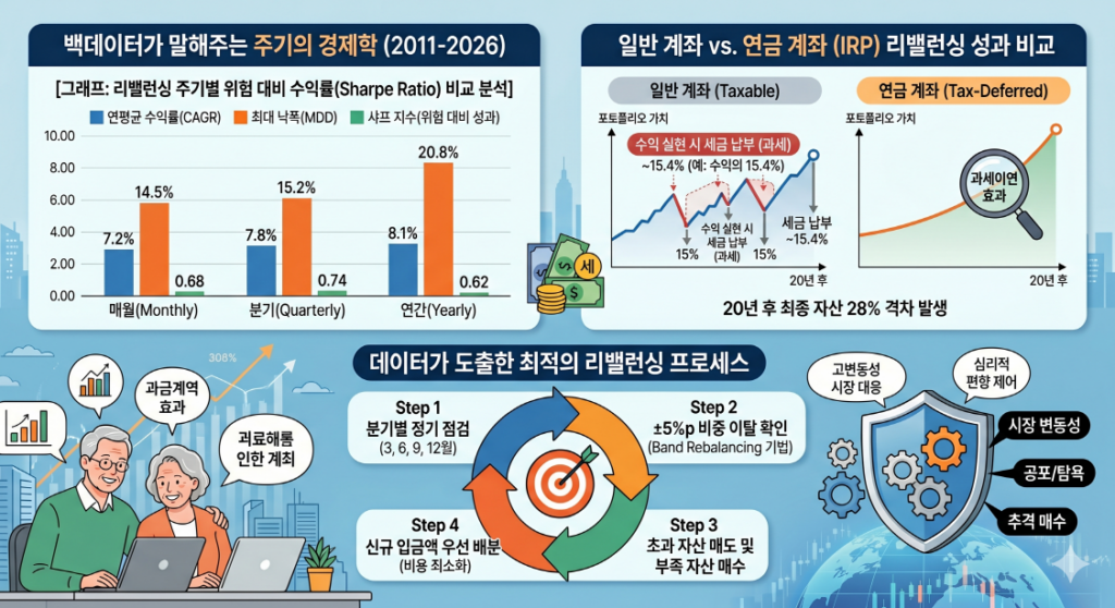 이 인포그래픽은 2011년부터 2026년까지의 백데이터를 기반으로 자산 배분 포트폴리오의 리밸런싱 주기 및 세금 혜택을 분석한 내용입니다.

상단 왼쪽 그래프는 매월, 분기, 연간 리밸런싱 주기에 따른 성과(CAGR, MDD, 샤프 지수)를 비교하며, 분기 리밸런싱이 위험 대비 수익률(샤프 지수 0.74)이 가장 우수함을 보여줍니다.

상단 오른쪽은 일반 계좌(Taxable)와 연금 계좌(Tax-Deferred, IRP)의 리밸런싱 성과를 비교하는 그래프입니다. 일반 계좌는 매도 시마다 약 15.4%의 세금이 발생하여 복리 효과가 저해되는 반면, 연금 계좌는 과세이연 효과로 자산이 더 크게 성장하여 20년 후 최종 자산이 28% 더 많아집니다.

하단에는 "데이터가 도출한 최적의 리밸런싱 프로세스"를 4단계 순환 과정으로 설명합니다. 1단계: 분기별 정기 점검, 2단계: ±5%p 비중 이탈 확인 (밴드 리밸런싱 기법), 3단계: 초과 자산 매도 및 부족 자산 매수, 4단계: 신규 입금액 우선 배분 (비용 최소화).

오른쪽 하단에는 방패와 톱니바퀴 아이콘을 통해 고변동성 시장 대응, 심리적 편향 제어(시장 변동성, 공포/탐욕, 추격 매수 방지) 등 리밸런싱의 이점을 시각화했습니다. 왼쪽 하단에는 노트북을 사용하는 노부부와 자산 성장 그래프 아이콘이 배치되어 평온한 노후를 위한 투자를 상징합니다.