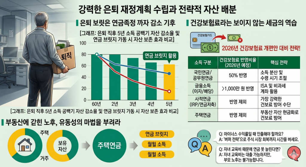 2026년 건보료 개편에 대비해 사적연금과 주택연금을 활용한 건보료 절감 전략을 보여주는 인포그래픽. 국민연금과 달리 건보료 산정에서 제외되는 연금 자산의 방패 효과를 시각화함.