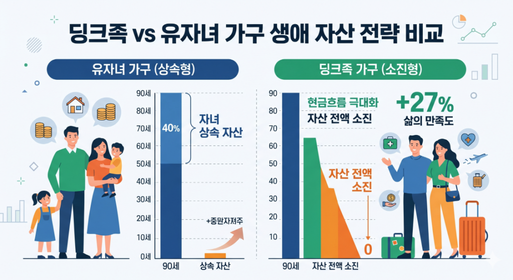 딩크족과 유자녀 가구의 생애 자산 전략을 비교하는 인포그래픽. 좌측 유자녀 가구는 상속을 목표로 자산의 약 40%를 유지하며, 우측 딩크족은 현금흐름 극대화와 자산 전액 소진을 목표로 한다. 90세 시점의 자산 잔액을 시각적으로 비교하며, 딩크족의 삶의 만족도가 27% 높은 결과를 나타낸다.