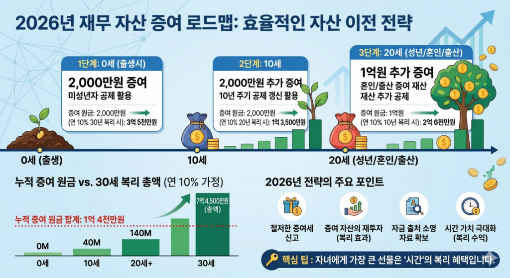 "2026년 기준, 자녀의 생애 주기에 맞춘 비과세 증여 로드맵 인포그래픽. 0세(출생) 2천만 원, 10세 2천만 원, 20세(성년/혼인/출산) 1억 원 증여 시나리오를 통해 총 1억 4천만 원의 비과세 혜택을 설명합니다. 또한, 증여된 자산이 연 10% 복리로 운용될 경우 30세에 총 7억 4,500만 원으로 불어나는 효과를 그래프로 보여줍니다. 주요 전략 포인트로 철저한 신고, 재투자, 자금 출처 확보, 시간 가치 극대화를 제시하며, 핵심 팁으로 '자녀에게 가장 큰 선물은 시간의 복리 혜택'임을 강조합니다."
